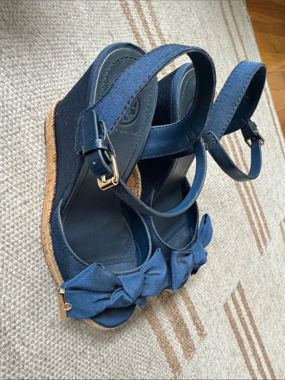 Tory Burch Navy Bow Slingback Wedge Sandals